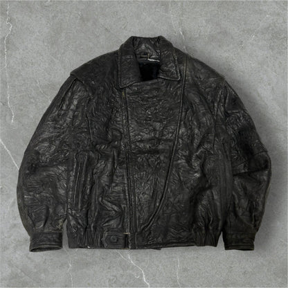 Black Wrinkled Diagonal Zip Leather Jacket Free Size