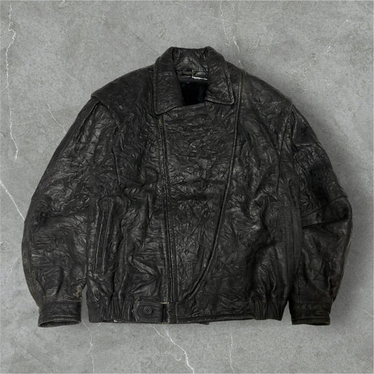 Black Wrinkled Diagonal Zip Leather Jacket Free Size