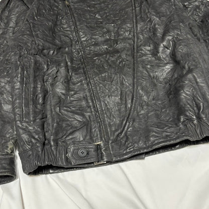 Black Wrinkled Diagonal Zip Leather Jacket Free Size