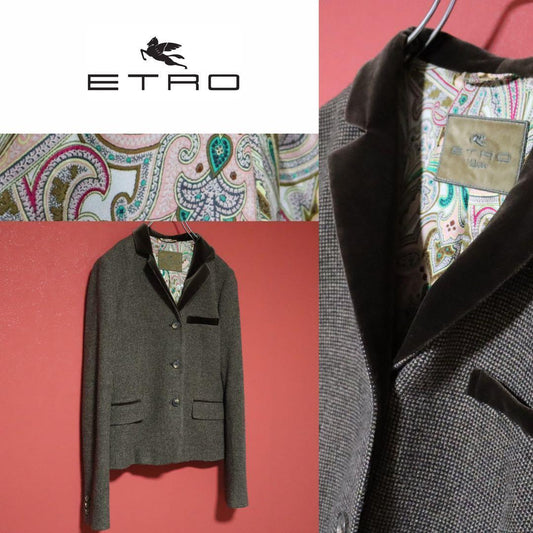 ETRO 90s Italian Houndstooth Velour Trim Jacket Size 44