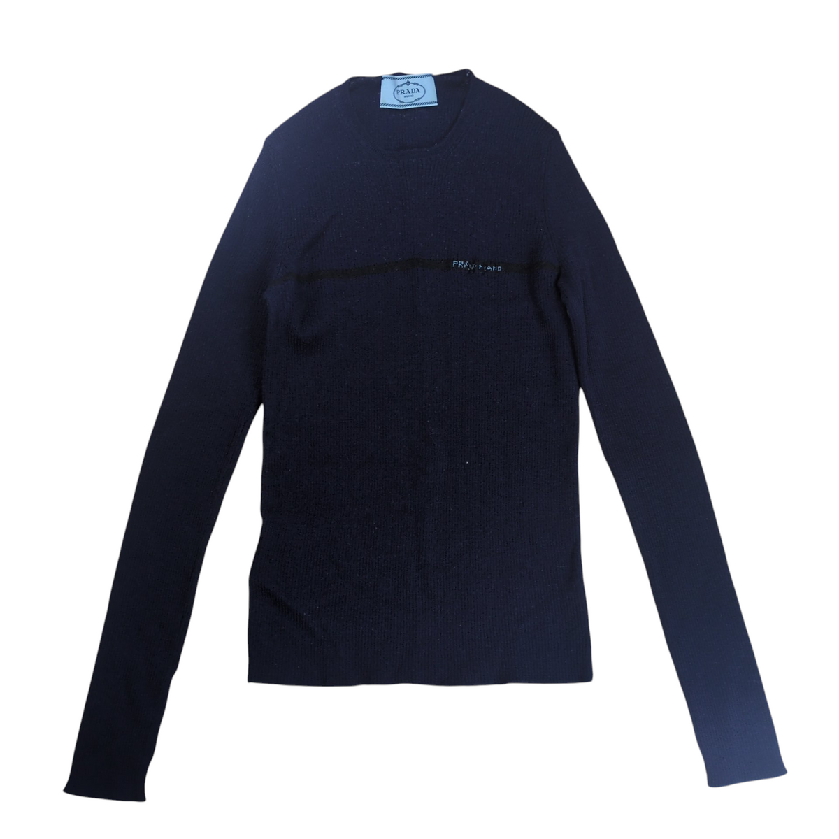 PRADA Navy Logo Line Crew Neck Wool Knit Size 40