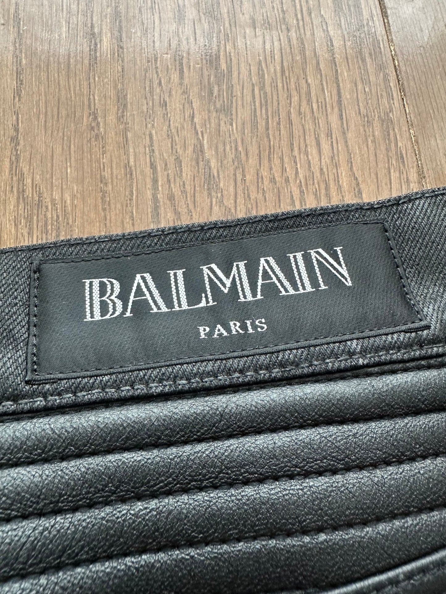 Balmain Black Coated Leather Paneled Biker Jeans