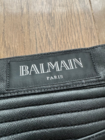 Balmain Black Coated Leather Paneled Biker Jeans