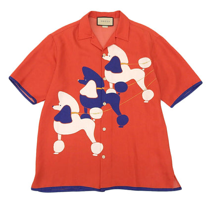 GUCCI Silk Twill Dog Print Open Collar Shirt Red Size 44