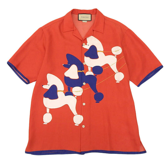 GUCCI Silk Twill Dog Print Open Collar Shirt Red Size 44