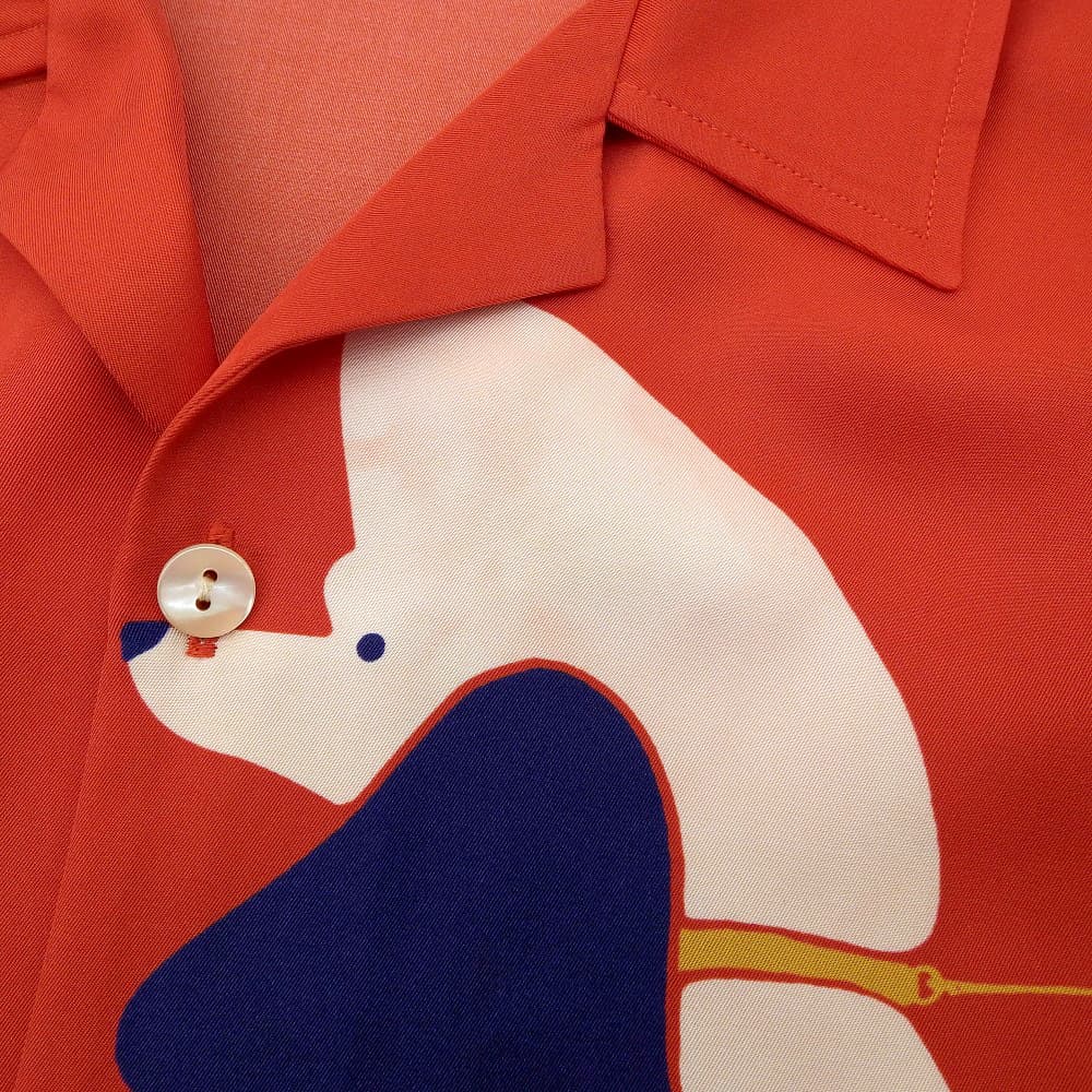 GUCCI Silk Twill Dog Print Open Collar Shirt Red Size 44