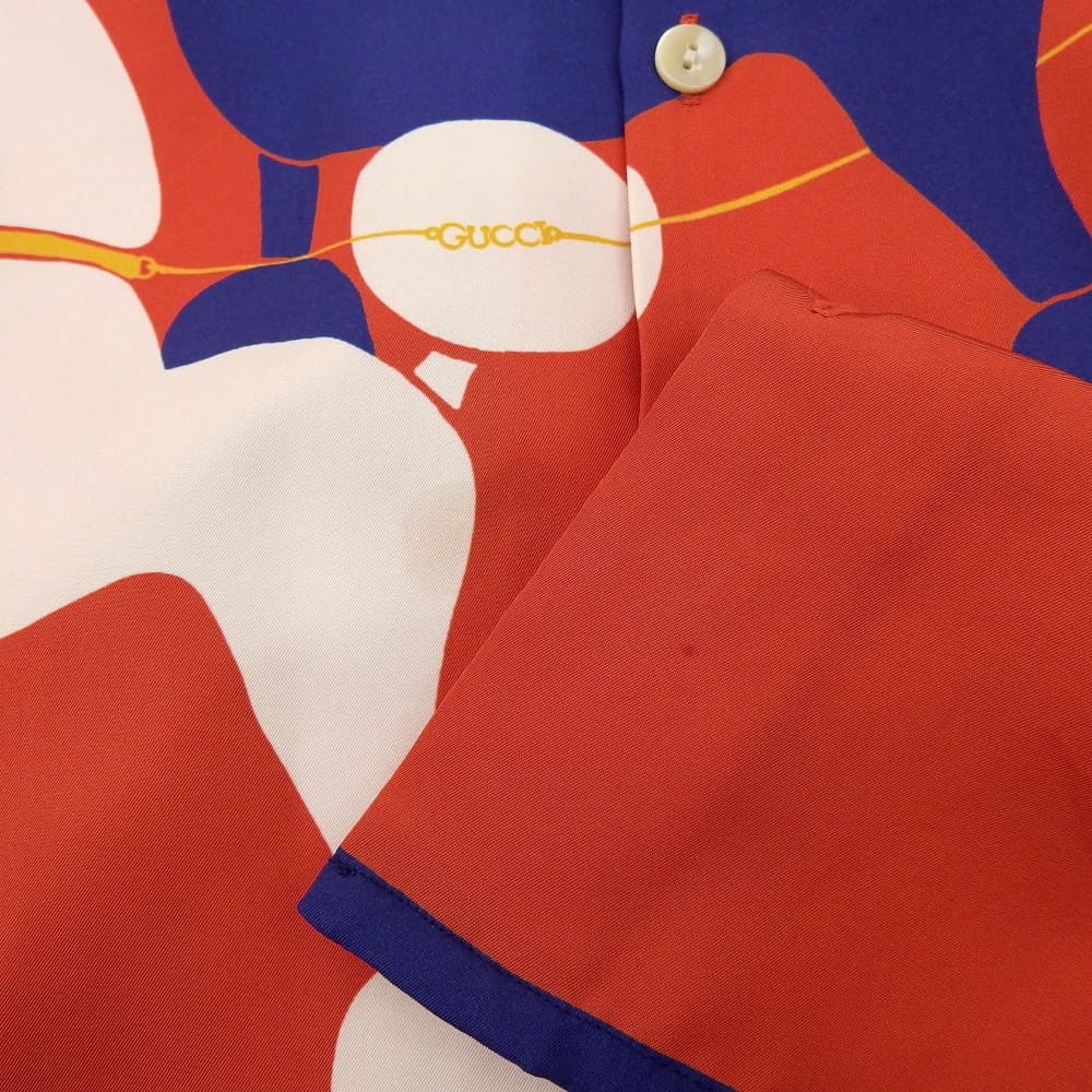 GUCCI Silk Twill Dog Print Open Collar Shirt Red Size 44