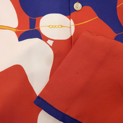 GUCCI Silk Twill Dog Print Open Collar Shirt Red Size 44