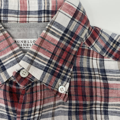 BRUNELLO CUCINELLI Linen Check Short Sleeve BD Shirt Size XS