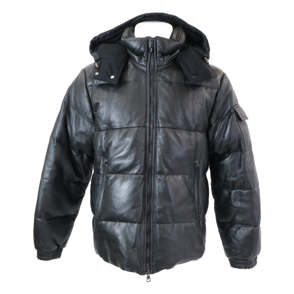 MONCLER Brown Tag Leather Hooded Down Jacket Black Size 0