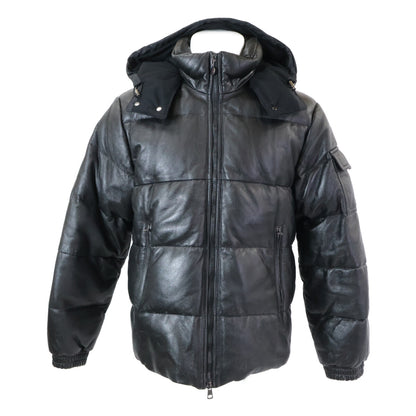 MONCLER Brown Tag Leather Hooded Down Jacket Black Size 0