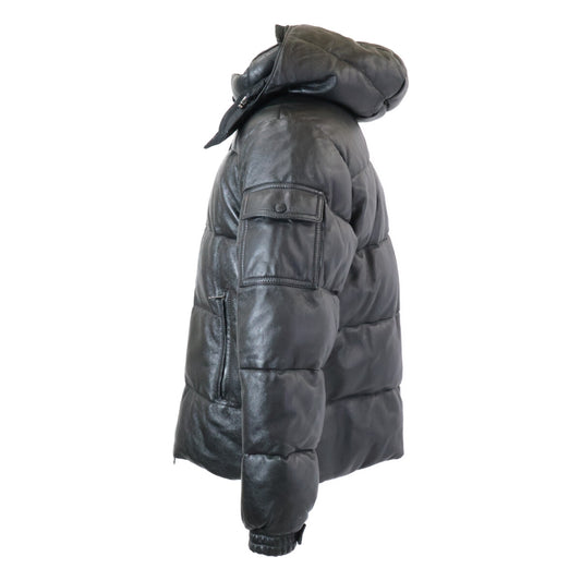 MONCLER Brown Tag Leather Hooded Down Jacket Black Size 0