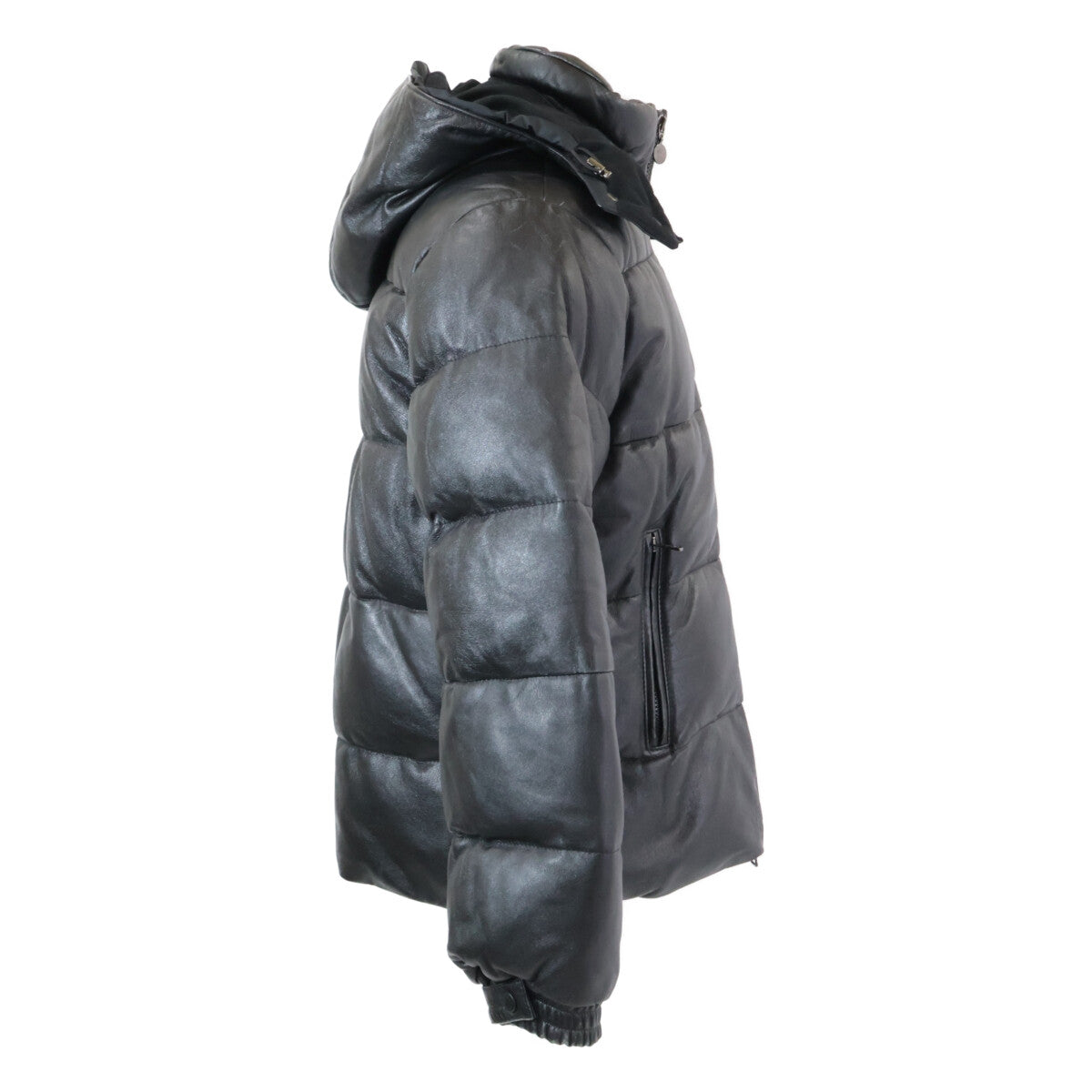 MONCLER Brown Tag Leather Hooded Down Jacket Black Size 0