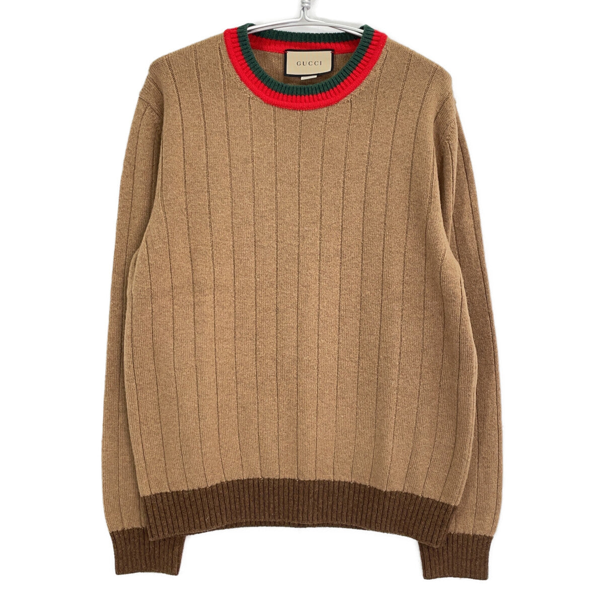 GUCCI Camel Rib Knit Sweater w/ Web Stripe Brown Size XL