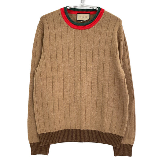 GUCCI Camel Rib Knit Sweater w/ Web Stripe Brown Size XL