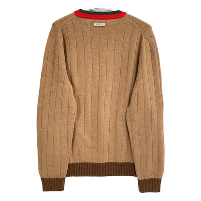 GUCCI Camel Rib Knit Sweater w/ Web Stripe Brown Size XL