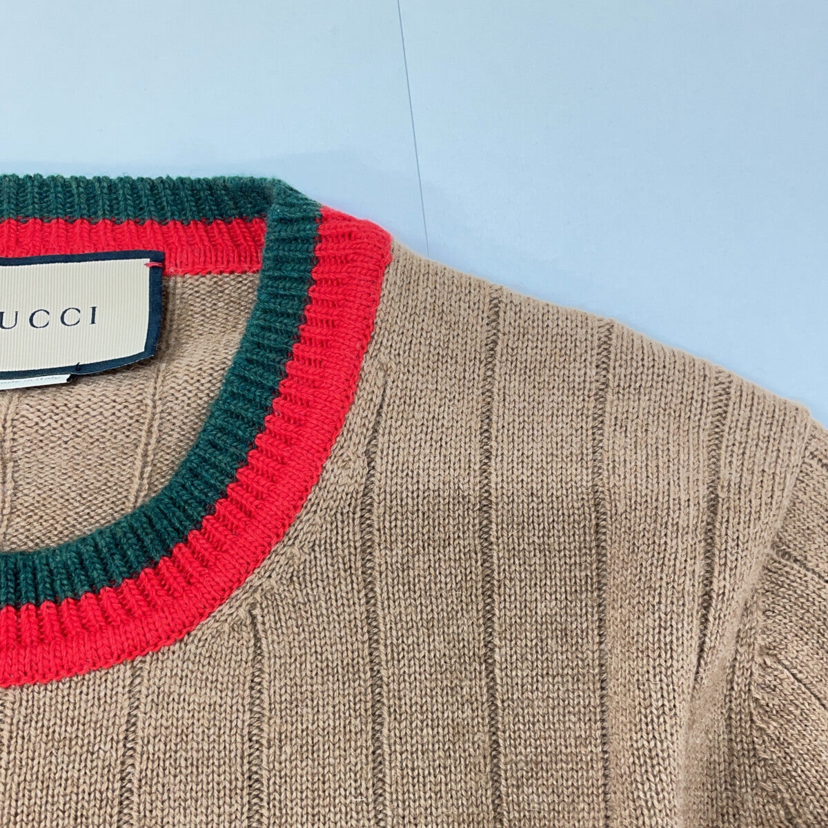 GUCCI Camel Rib Knit Sweater w/ Web Stripe Brown Size XL
