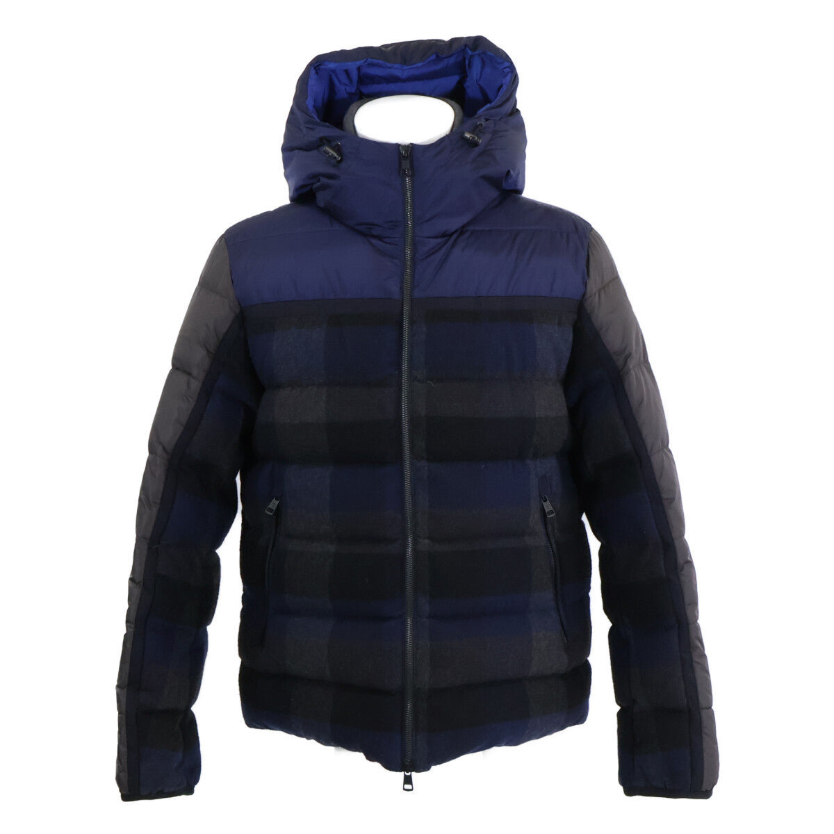 MONCLER Julio Check Wool Nylon Hooded Jacket Navy Size 2