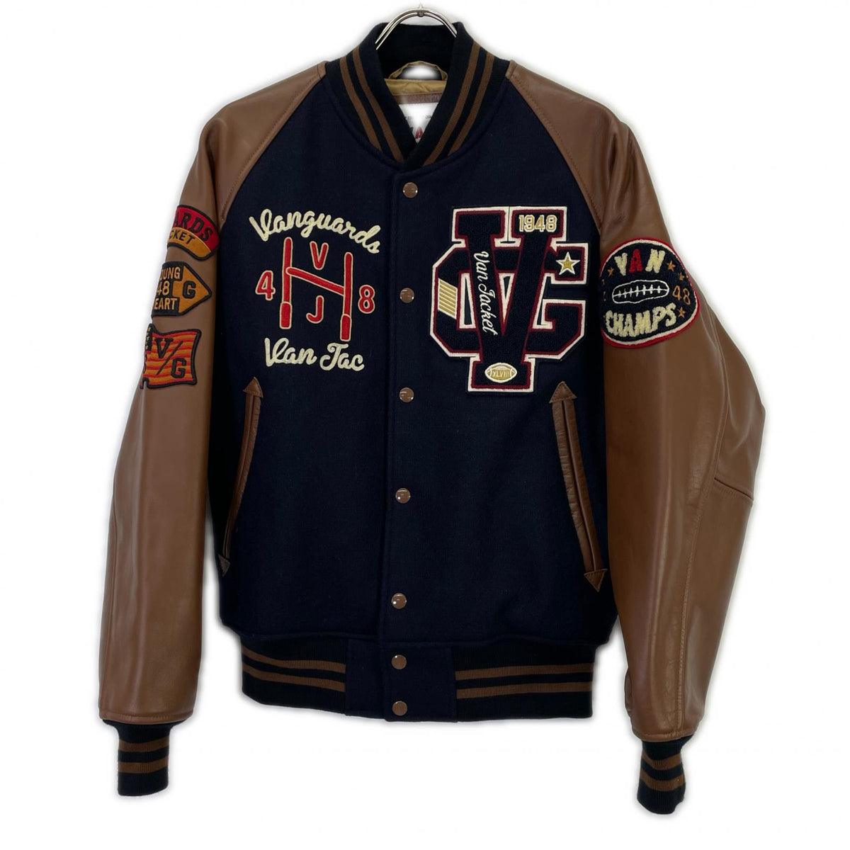 VAN JACKET Wool Leather Stadium Jacket Navy Brown Size L