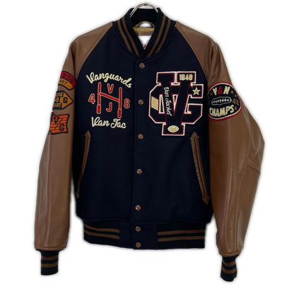 VAN JACKET Wool Leather Stadium Jacket Navy Brown Size L