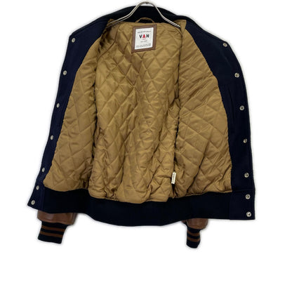 VAN JACKET Wool Leather Stadium Jacket Navy Brown Size L
