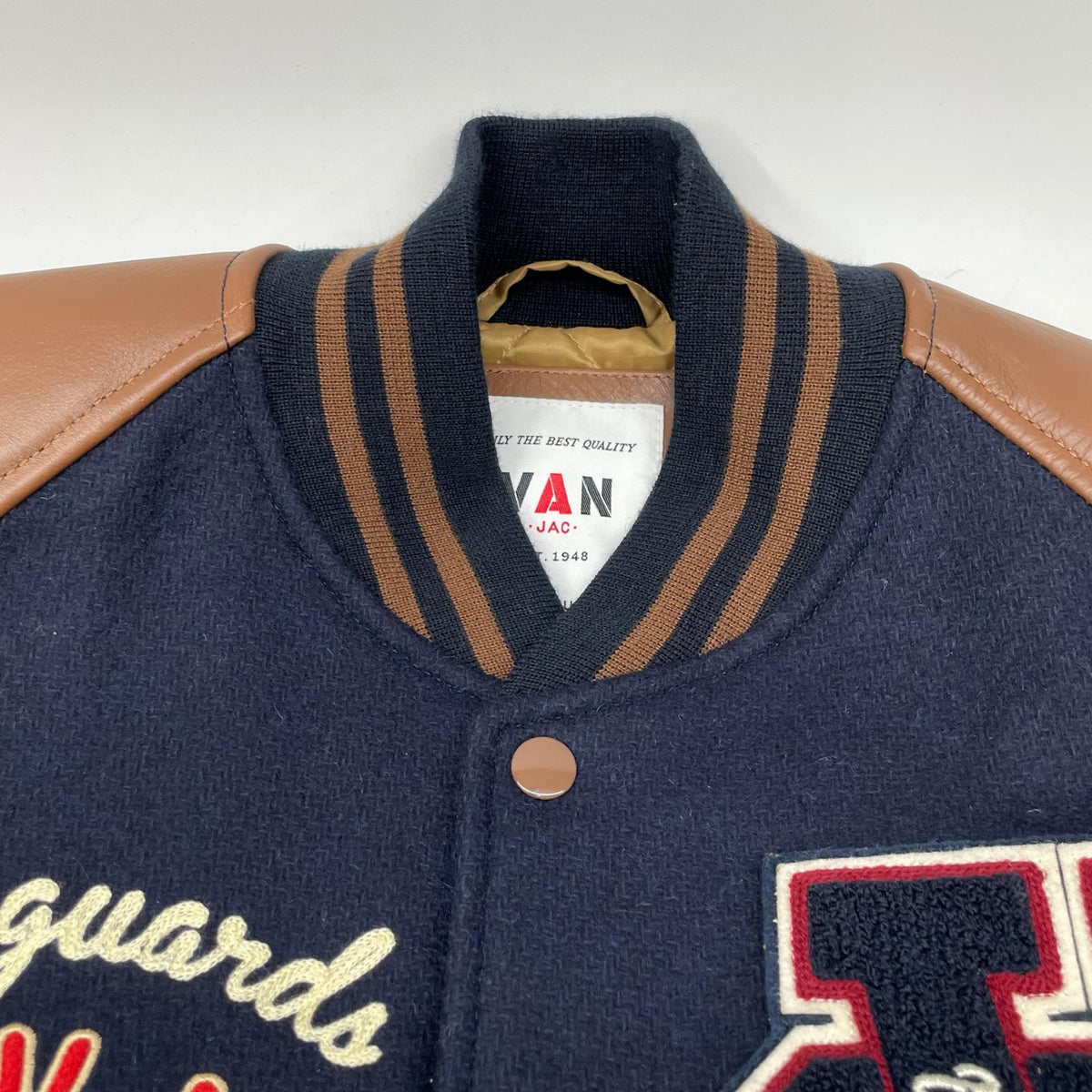 VAN JACKET Wool Leather Stadium Jacket Navy Brown Size L