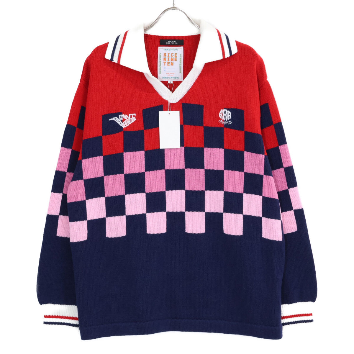 RICE NINE TEN Collared Check Knit Sweater Multi Blue Size 2