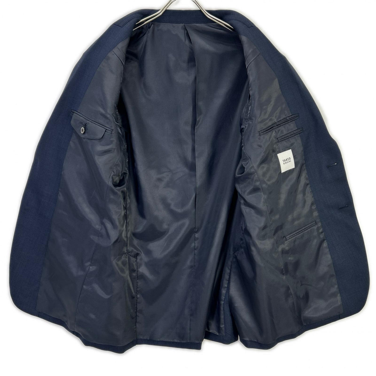 TAKEOKIKUCHI Navy Wool Shiny Sharkskin Pinhead Suit Size 5