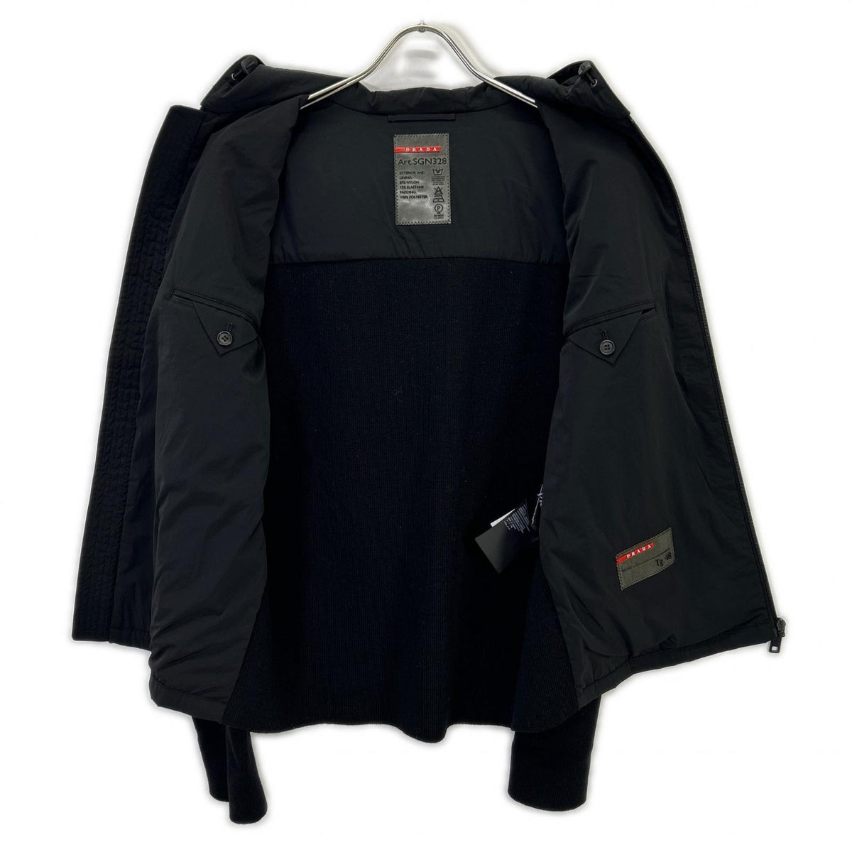 PRADA SPORT Black Hooded Nylon/Wool Patch Jacket Size 48