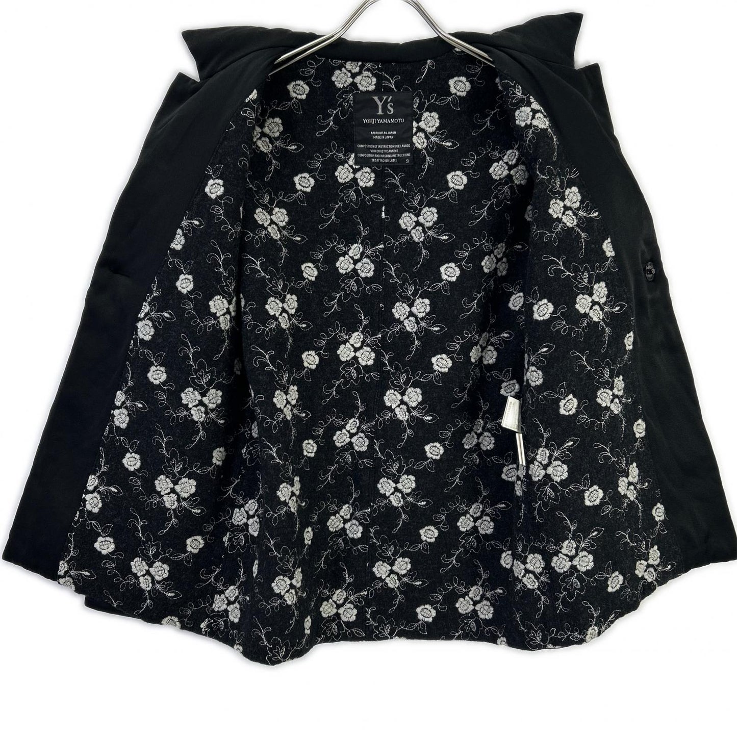 Y's Silk Wool Botanical Padded 1B Jacket Black Size 3