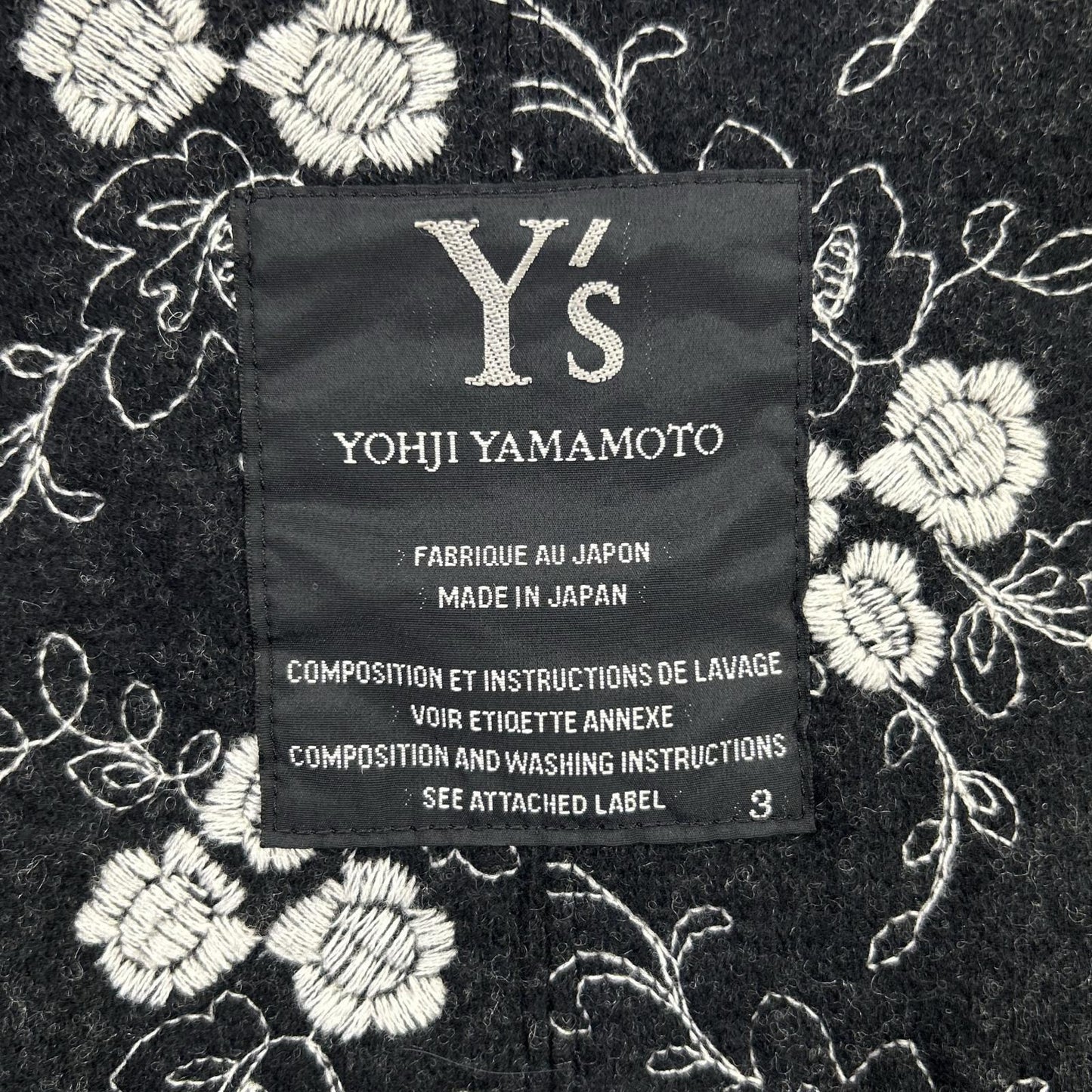 Y's Silk Wool Botanical Padded 1B Jacket Black Size 3
