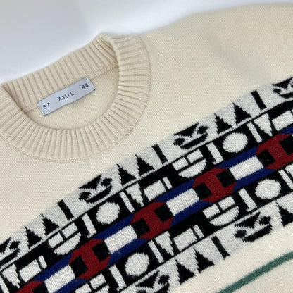 AVRIL Geometric Wool Cashmere Crew Neck Sweater White Size M