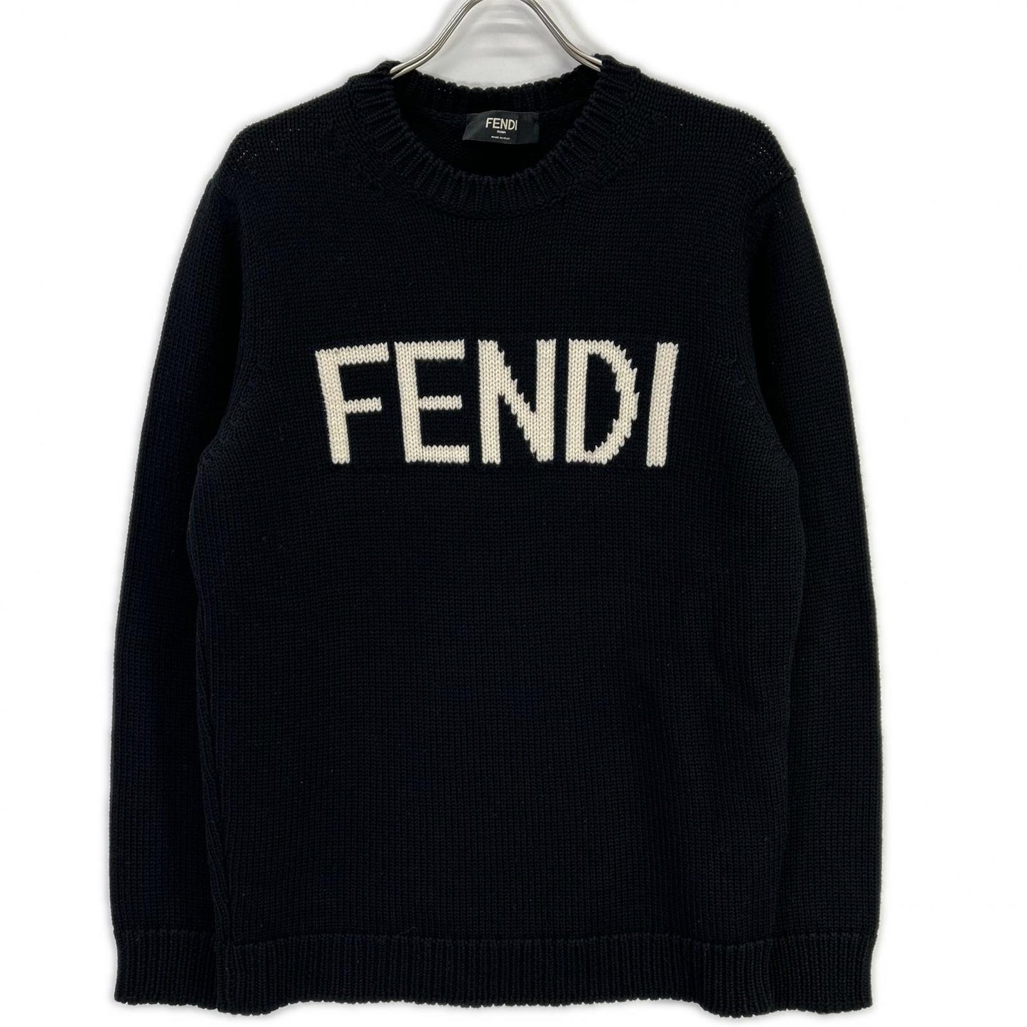 FENDI Black Wool Logo Crewneck Sweatshirt Size 52