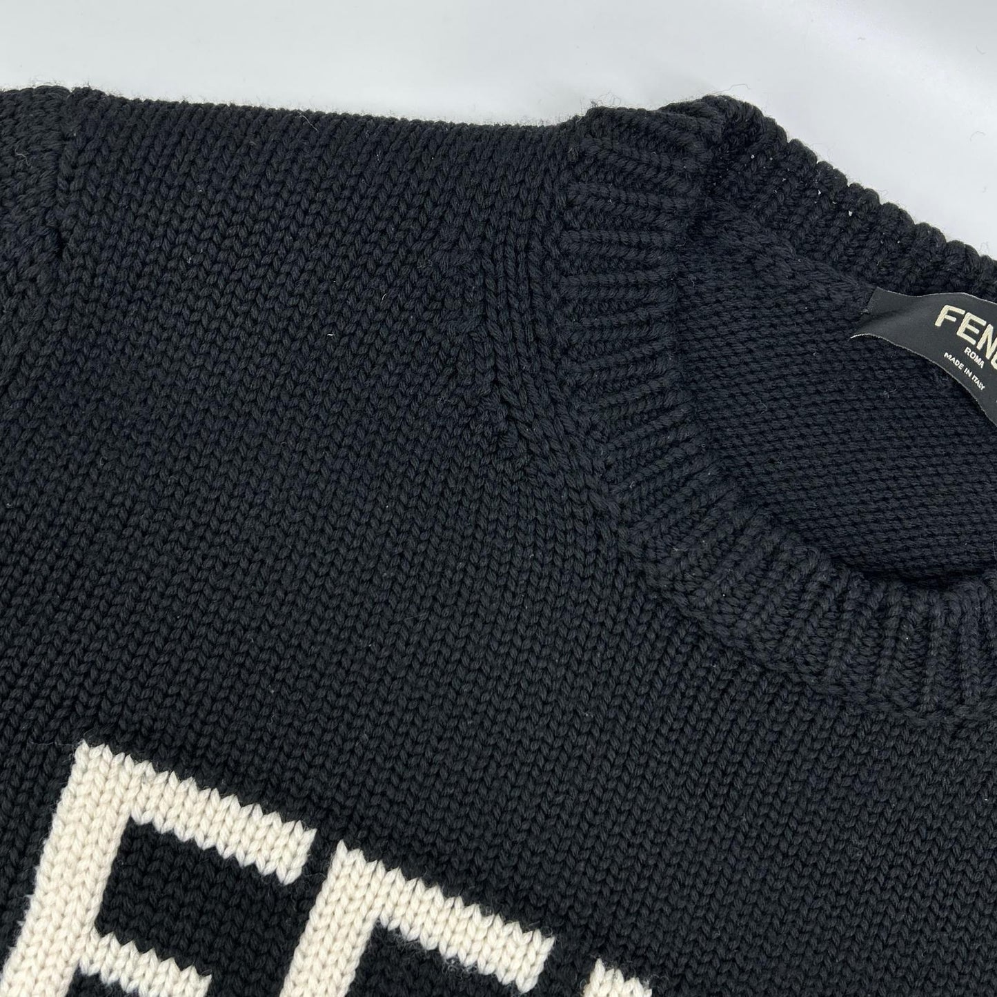 FENDI Black Wool Logo Crewneck Sweatshirt Size 52