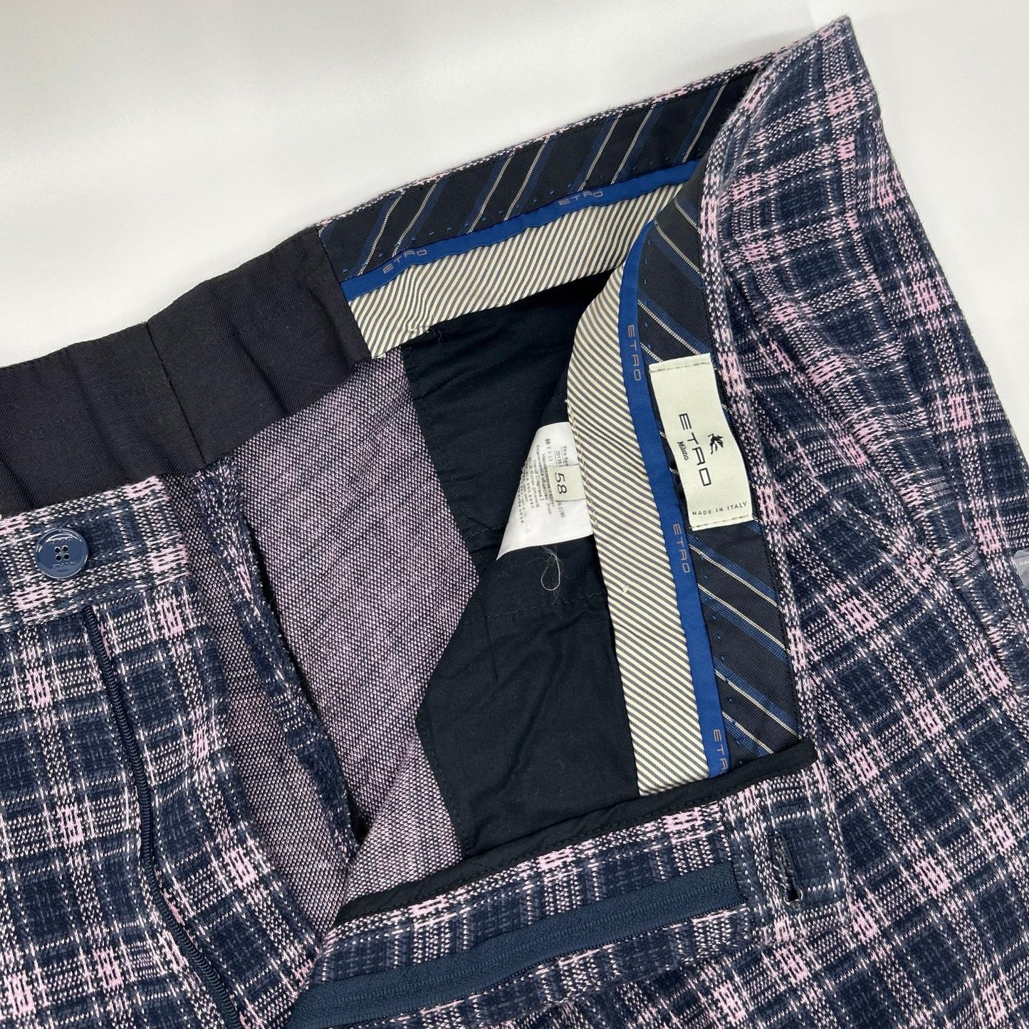 ETRO Pink Navy Check Cotton Blend Tapered Slacks Size 58