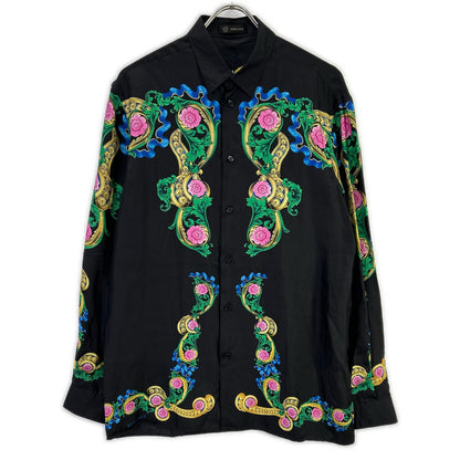 GIANNI VERSACE Silk Floral Print Long Shirt Black Size 39