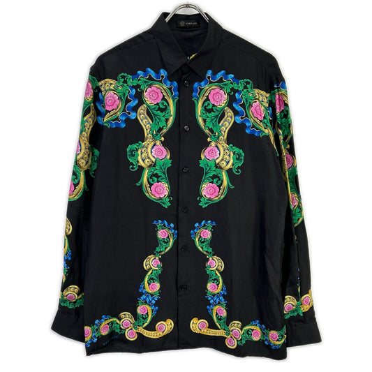GIANNI VERSACE Silk Floral Print Long Shirt Black Size 39