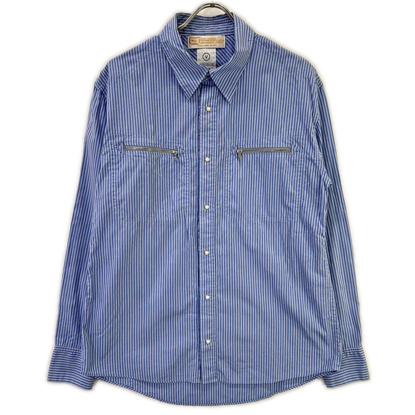 VISVIM Light Blue Striped Zip Pocket Western Shirt Size L