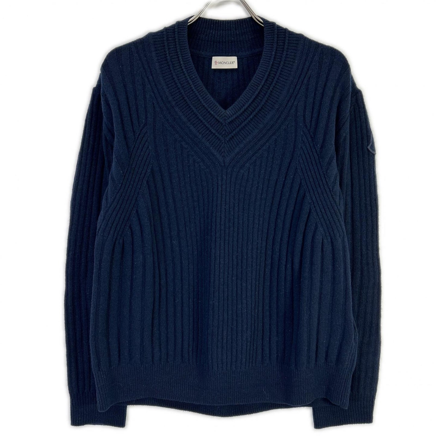 MONCLER 22 Wool V-Neck Logo Patch Knit Sweater Navy Size M