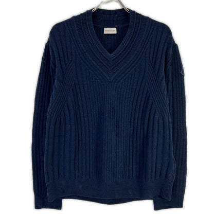 MONCLER 22 Wool V-Neck Logo Patch Knit Sweater Navy Size M