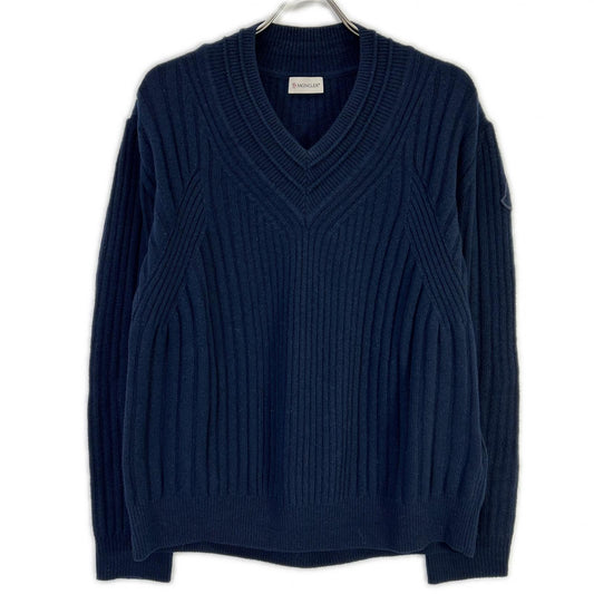 MONCLER 22 Wool V-Neck Logo Patch Knit Sweater Navy Size M