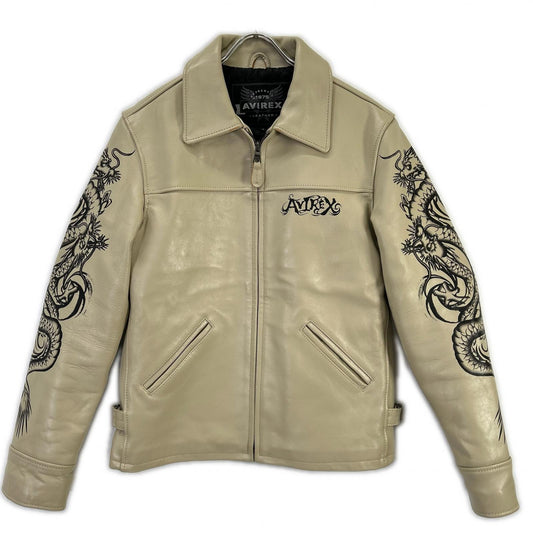 AVIREX Ivory Dragon Hand-Painted Leather Jacket Size L