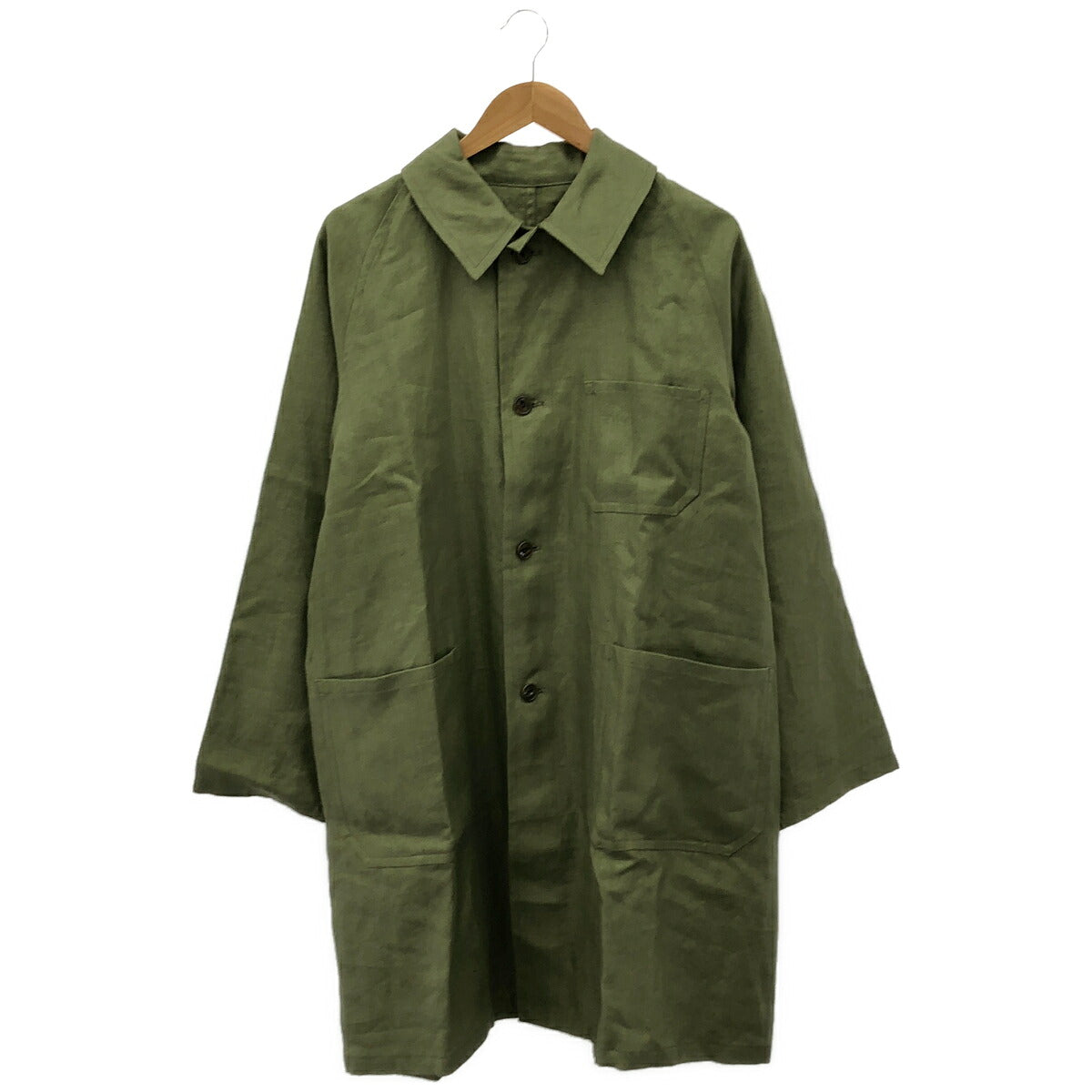 yo asa Olive Linen Herringbone Balmacaan Coat