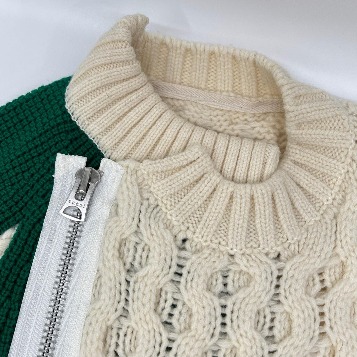 sacai 21 Wool Knit Zip-Up Blouson Ivory/Green Size 1