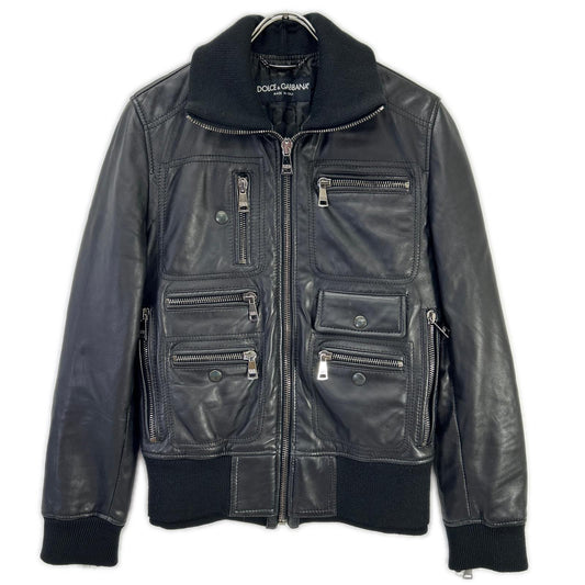 DOLCE&GABBANA Black Leather Rib-Knit Zip-Up Jacket Size 44