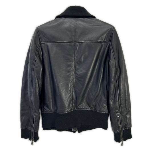 DOLCE&GABBANA Black Leather Rib-Knit Zip-Up Jacket Size 44