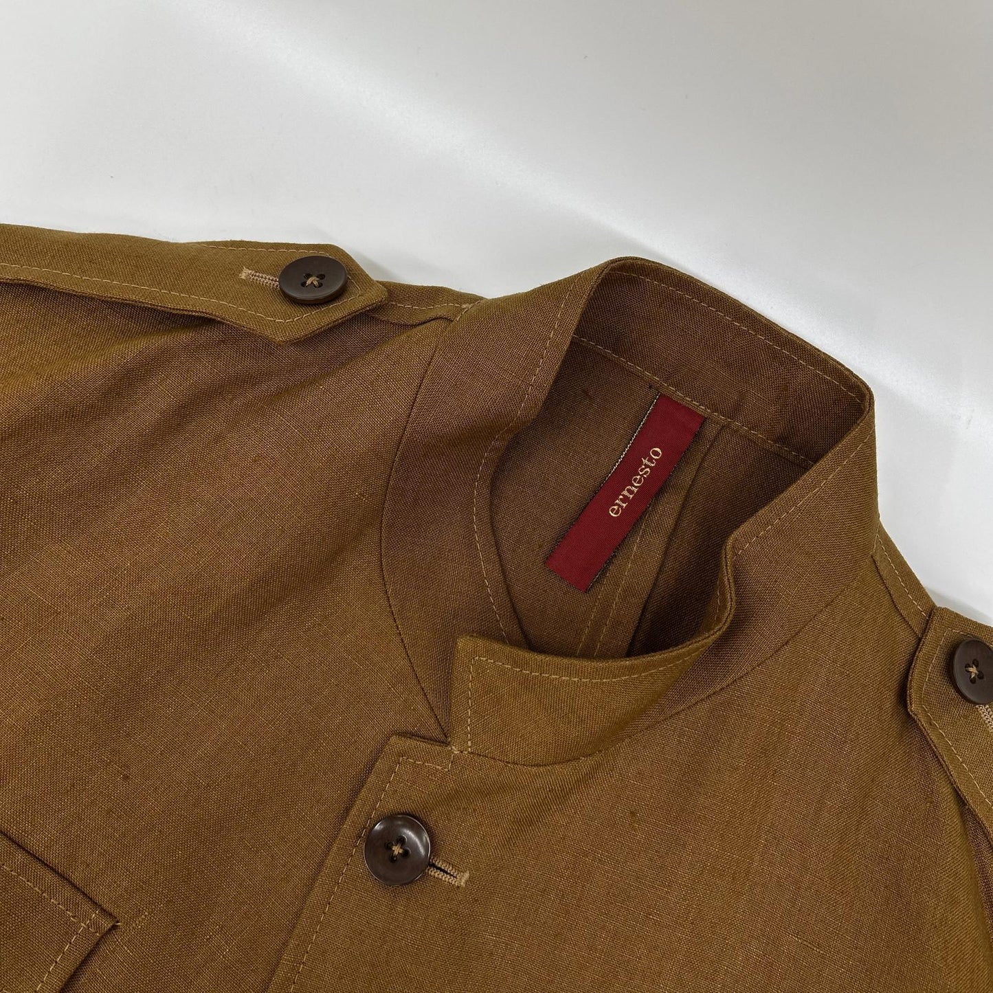ELNEST Gibson Linen Stand Collar Safari Jacket Brown Size 50