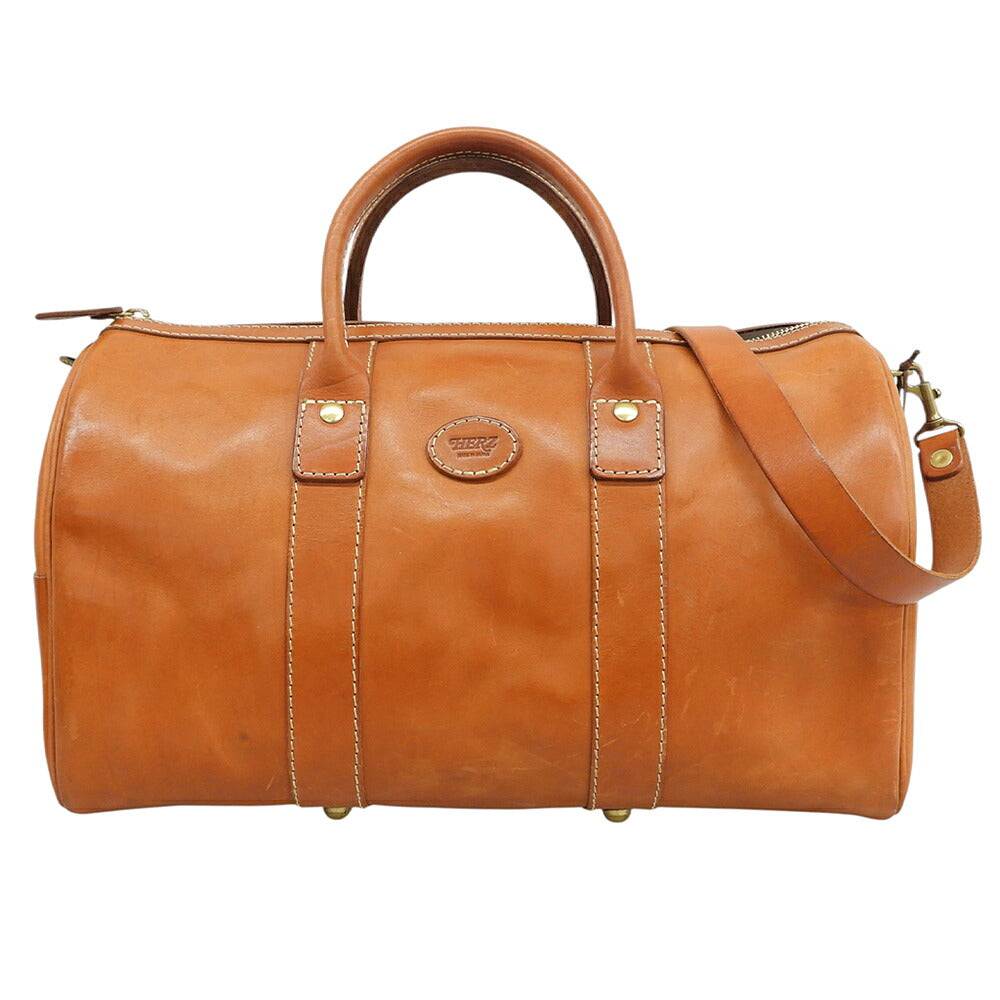 HERZ V-23 Leather Zipper Boston Bag Camel Size M