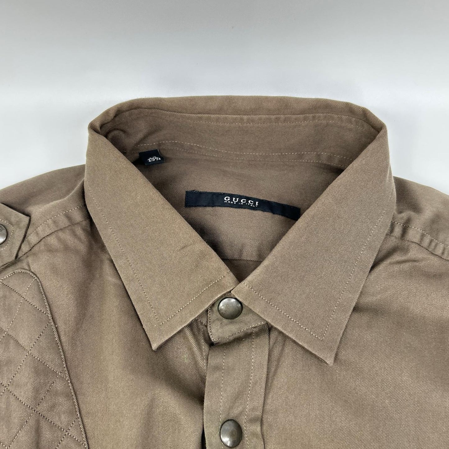 GUCCI Tom Ford Era Khaki Quilted Patch Button Shirt Size 40