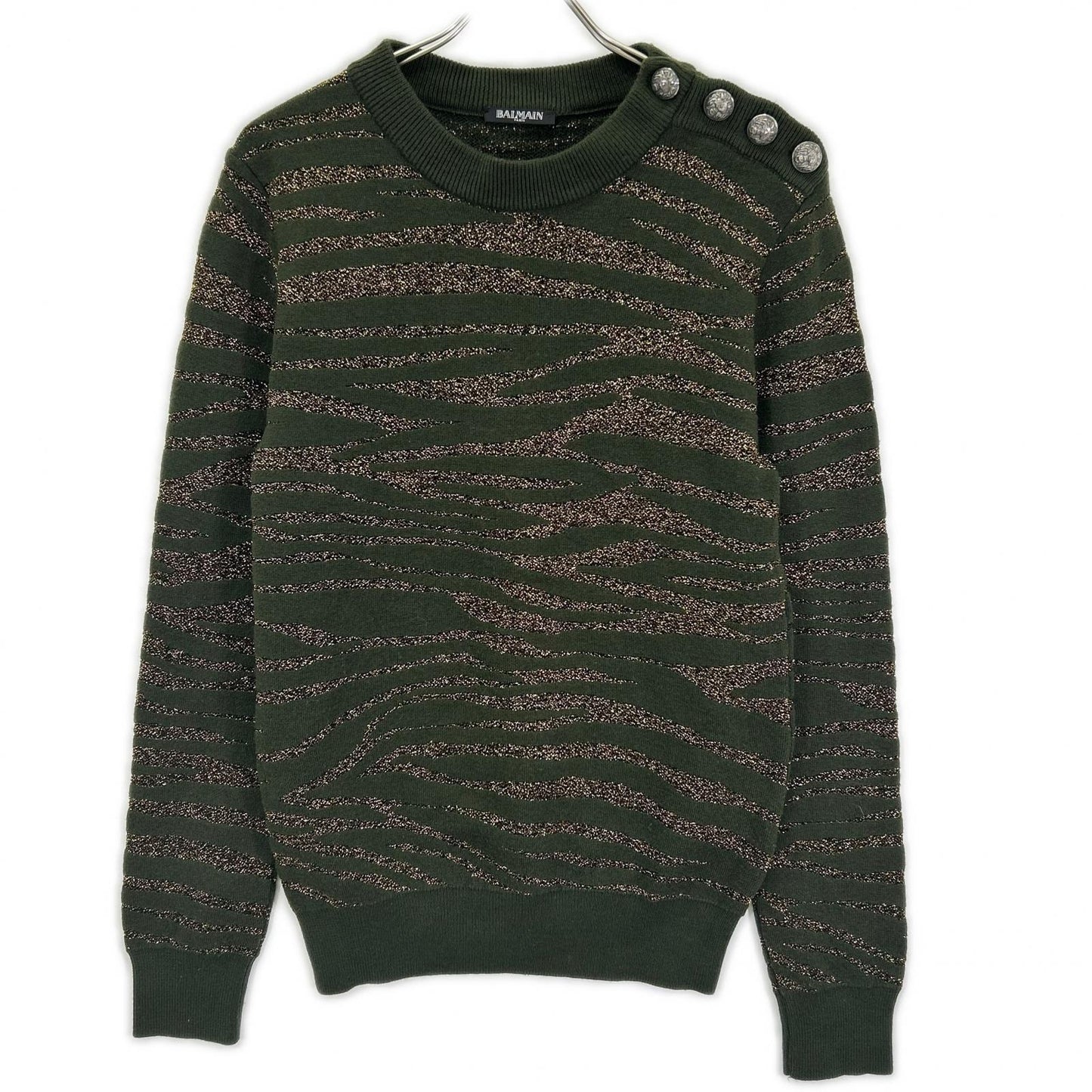 BALMAIN Green Gold Zebra Shoulder Button Wool Knit Size M